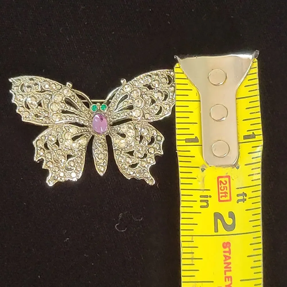 Vintage Butterfly Brooch Green Purple Rhinestone Faux Marcasite Cabochon Belly